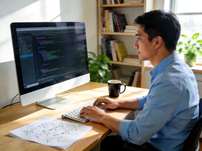 模型算法工程师陈明在电脑前工作